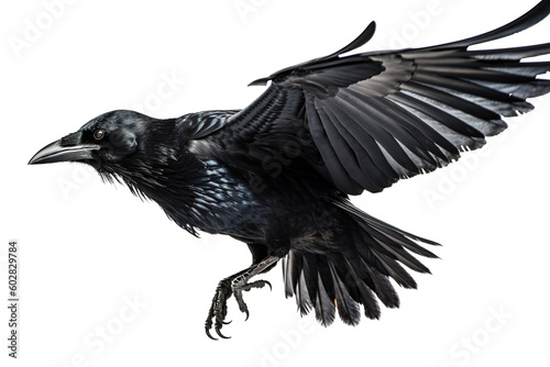 Image of a crow is flapping its wings on a white background. Wild Animals. Birds. Illustration. Generative AI. © yod67