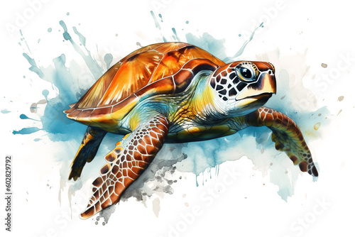 Watercolor painting of a turtle on a white background. Wildlife Animals. Illustration, generative AI.