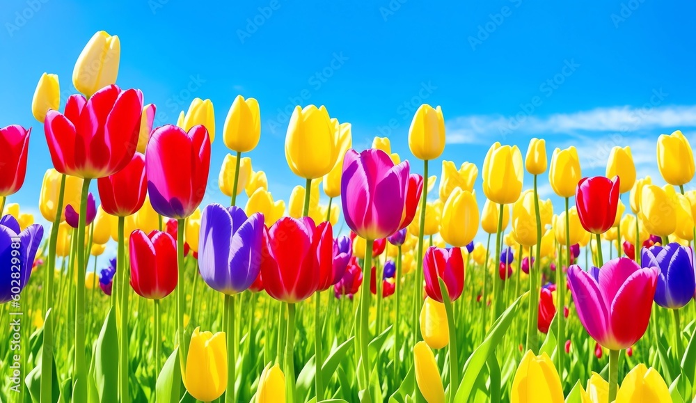 Colorful tulips near view on summer from Generative AI