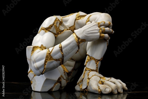 a sculpture of broken Hand, kintsugi, marble and gold abstract hand sculpture. Generative AI