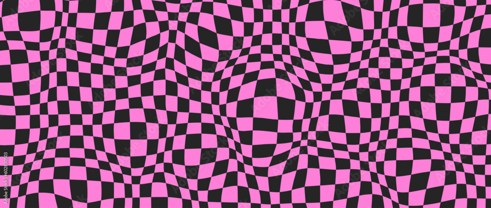 Black and pink distorted checkerboard background. Retro emo psychedelic checkered wallpaper. Wavy groovy chessboard surface. Trippy twisted geometric pattern. Abstract vector backdrop