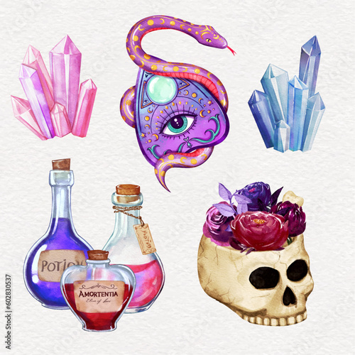 Watercolor mystical magic elements