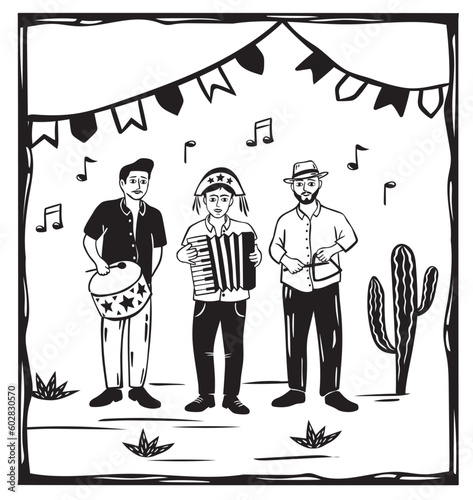 Trio of musicians playing at a FESTA JUNINA vector. Traditional culture from the interior of Brazil, FORRÓ. Cordel style woodcut