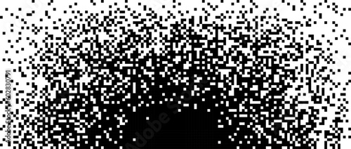 Pixelated halftone gradient background. Fading radial pixel texture. Dissolving black and white wallpaper. Vector backdrop 