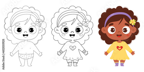 Collection coloring drawings. Cute cartoon black ethnic kid girl. Outline drawings coloring book and color drawing. Vector illustration. Childrens collection. Isolated funny kids on white background