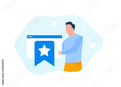 Concept of bookmarking favorite website, saving popular webpage. Add to favorites web browser tab with star icon. Bookmark popular webpage, online preference management. Isolated on white background