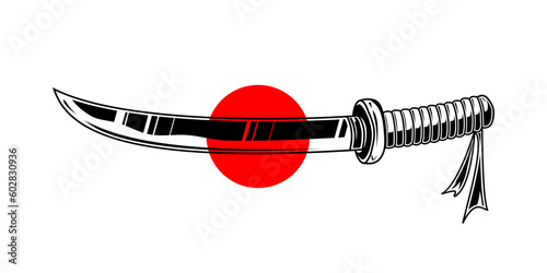 Katana sword knife samurai ronin with red circle sun japanese style tattoo flat vector icon design.