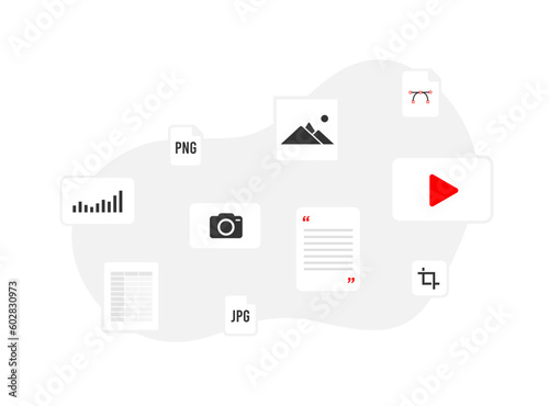 Electronic press kit or media kit concept. Pre-packaged promotional materials like logo, photos, videos, press releases, and guidelines to media for business release announcements and news conferences