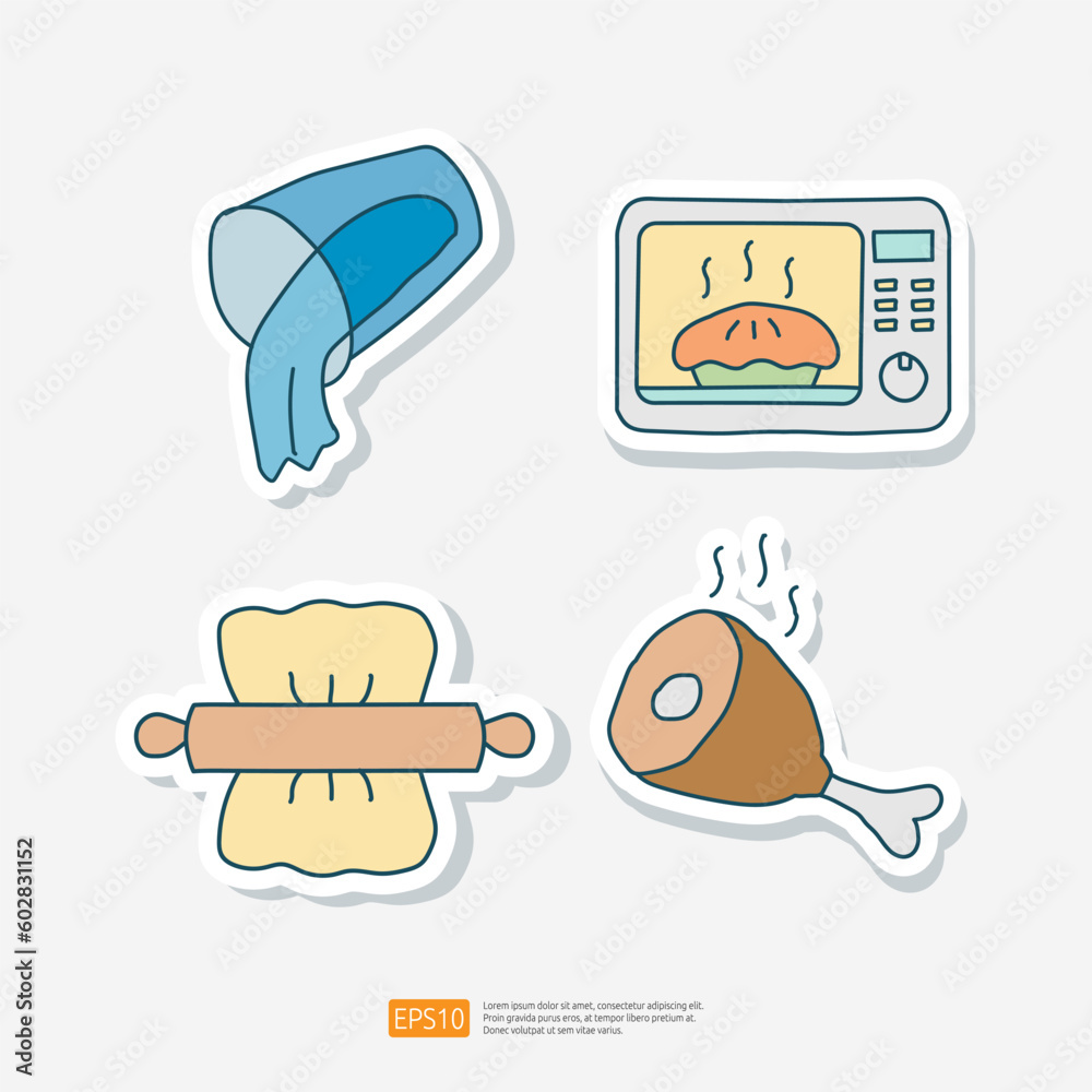 Water Cup, Oven or Microwave, Rolling Pin, Grilled Meat. Cooking Doodle Sticker Icon Set Vector Illustration