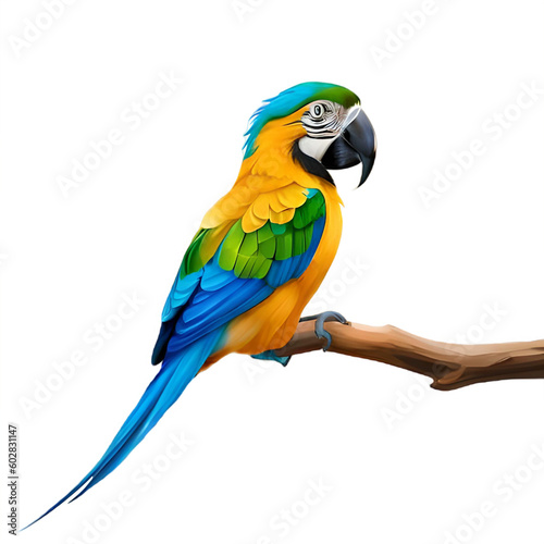 Blue and yellow macaw ara ararauna sitting on branch of tree isolated on white. Colourful parrot
