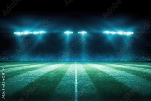 Spotlights grass field soccer stadium at the night. High quality photo
