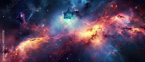 Abstract space background. Beautiful galaxies and stars in outer space. Created with generative AI technology.