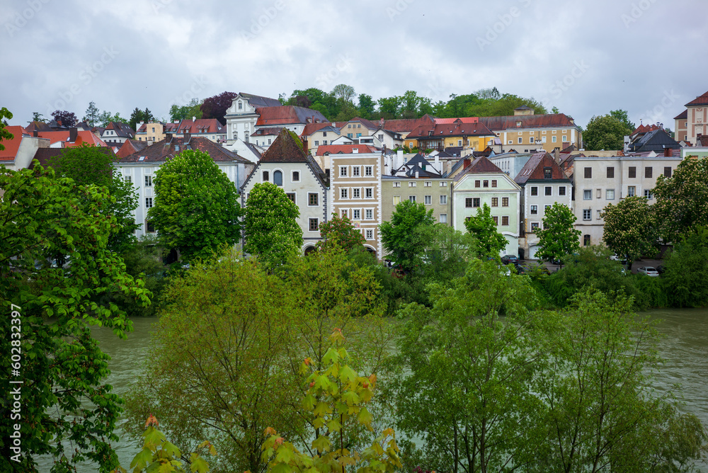 hisotric buildings near the river enns in the old town of steyr, upper austria