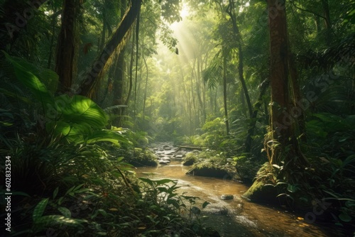 A breathtaking cinematic shot of the Amazon forest, capturing its vastness and lush greenery. The camera pans across the majestic trees, immersing viewers in the awe-inspiring Generative AI
