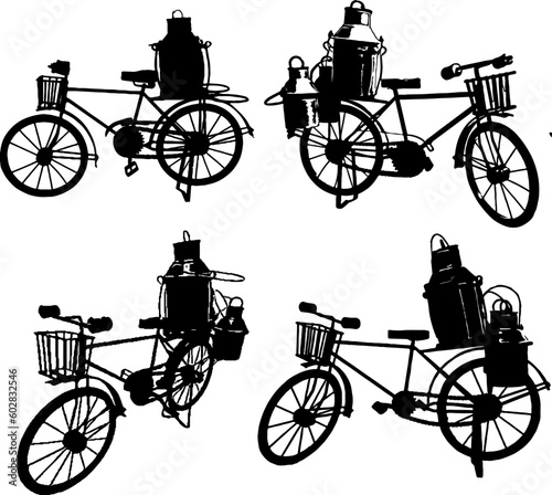 Silhouette Vector Clipart Set of Old Retro Milkman Cycles with Milk Containers, Vintage Milk Transportation, Retro Dairy Delights