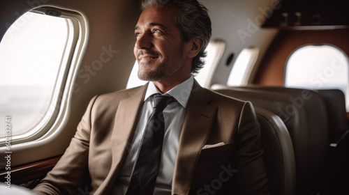 A businessman sits in a modern airplane, ready to travel for business. He wears formal attire and looks out the window, eager for his journey ahead. generative ai © Brastock Images / AI