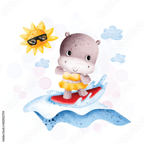 Watercolor illustration cute hippo surf at the sea in summer holiday