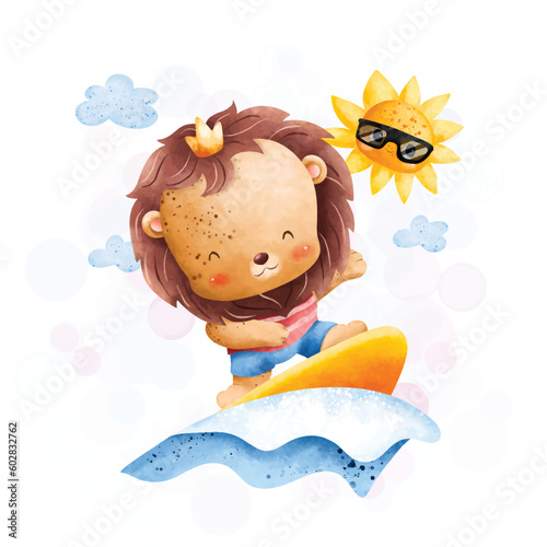 Watercolor illustration cute lion surf at the sea in summer holiday
