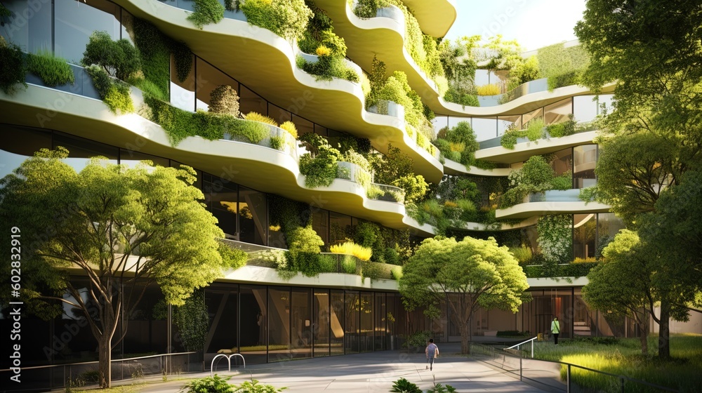 wide angle apartment complex building with green and sustainable design concept at day using generative AI