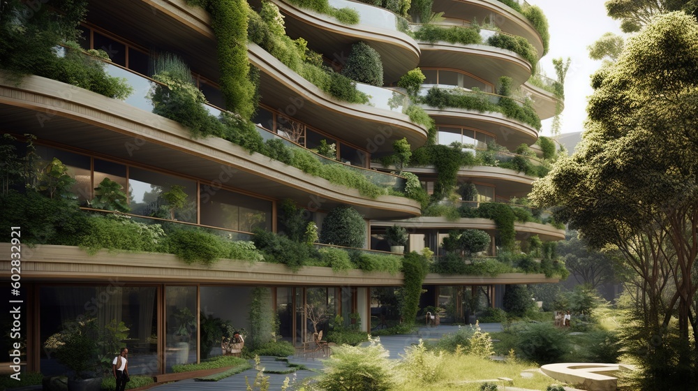 wide angle of highrise building with green and sustainable design using generative AI