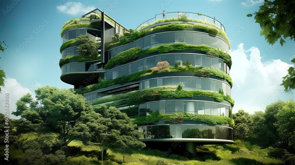 wide angle building with vertical green and sustainable green garden design concept at day using generative AI