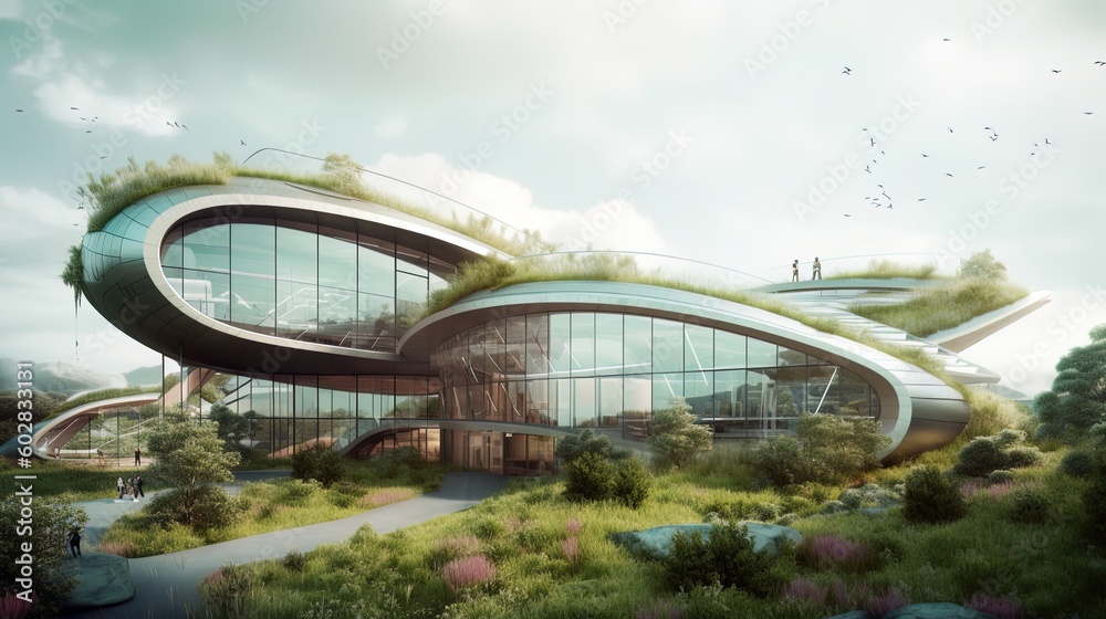 Obraz premium Wide angle view of nett zero carbon and green sustainable architecture at day using generative AI