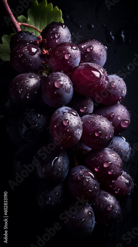 A luscious, ripe grape berry stands out on a black background, bunch of grapes, highlighting its freshness and health benefits. generative ai
