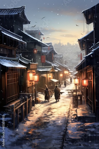 和風の街並み背景イラスト,Generative AI AI画像