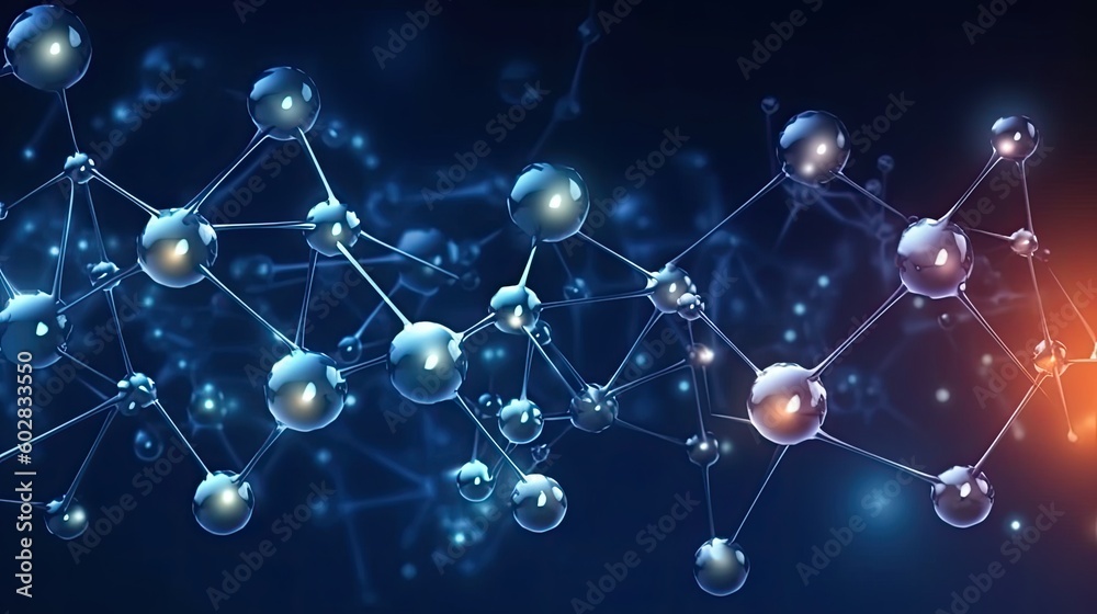 Abstract molecule model. Scientific research in molecular chemistry. 3D illustration on a blue background. Generative A Abstract molecule model. Scientific research in molecular chemistry. 3D illustration on a blue background. Generative A