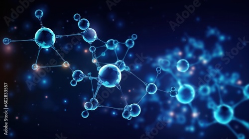 Abstract molecule model. Scientific research in molecular chemistry. 3D illustration on a blue background. Generative A