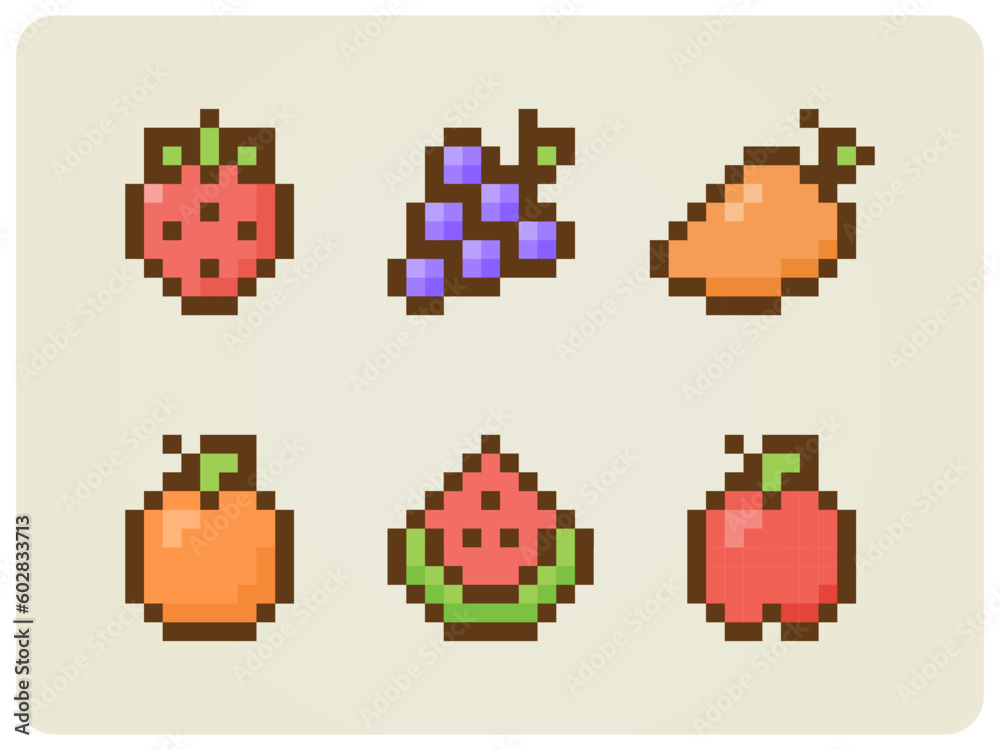 8 Bit pixels healthy food, strawberry, grape, mango, citrus, watermelon, and apple. fruits icon for Retro games in vector illustrations.