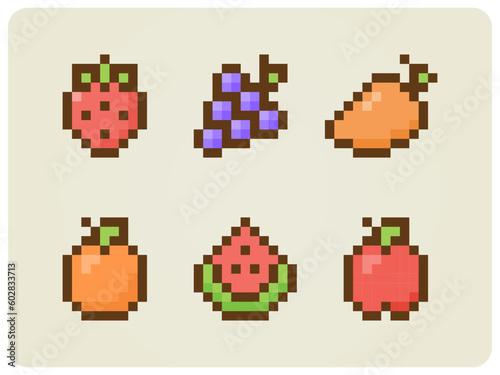 8 Bit pixels healthy food, strawberry, grape, mango, citrus, watermelon, and apple. fruits icon for Retro games in vector illustrations. © Two Pixel