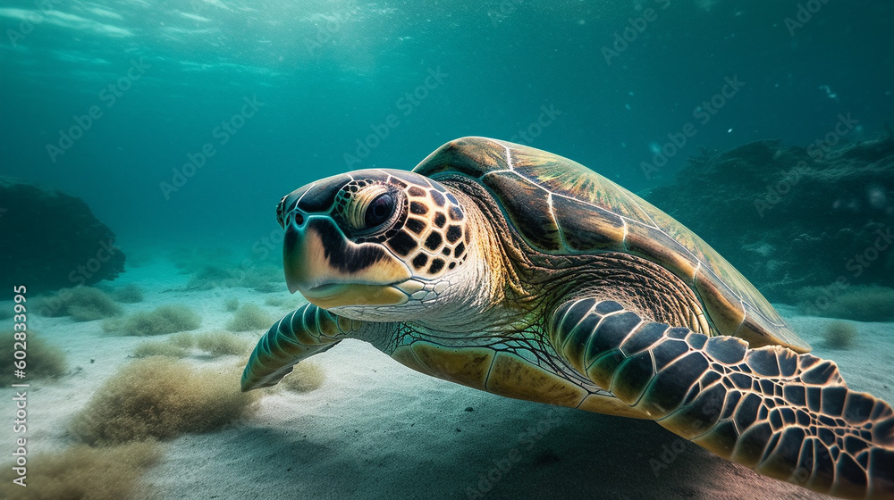 Fototapeta premium Swimming Turtle in a Marine Reef. generative ai