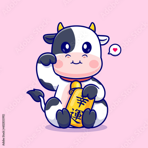 Cute Lucky Cow Holding Gold Coin Cartoon Vector Icon Illustration. Animal Business Icon Concept Isolated Premium Vector. Flat Cartoon Style