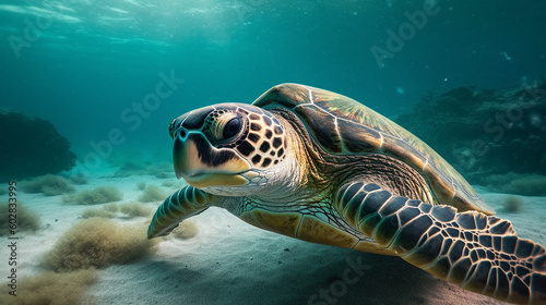 Swimming Turtle in a Marine Reef. generative ai © Brastock Images / AI