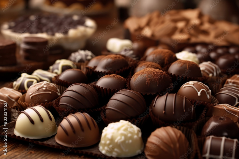 Chocolate candies, captured up-close to show off every delectable detail. From creamy truffles to rich caramels, this tantalizing image is sure to satisfy. Generative AI Technology.
