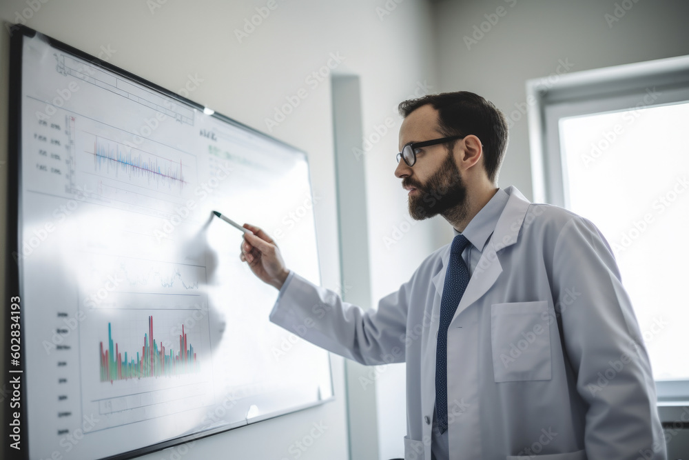 male doctor in a white coat analyzing a patient's medical charts on a clipboard in front of a chalkboard. importance of health records, and health-related ventures. Generative AI Technology.
