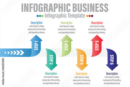 Roadmap infographic template Arrows for six paper label, diagram, graph, presentation. Business concept with 6 options. Blank space for content, step for step, timeline, workflow, marketing, web