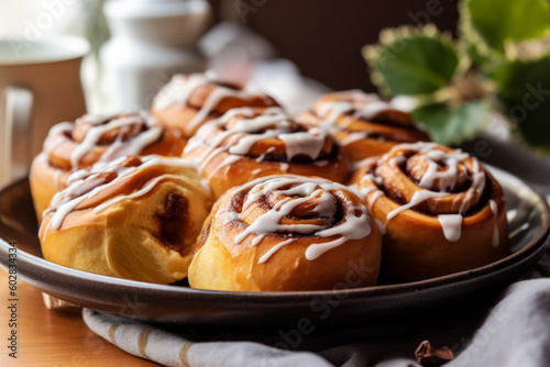 Freshly baked cinnamon rolls lathered in creamy frosting, seducing your taste buds with its tantalizing aroma and delicate sweetness, sprawled invitingly on a white plate. Generative AI Technology.
