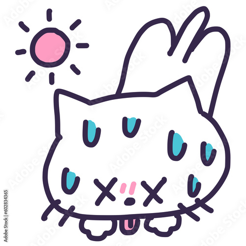 熱中症で倒れて汗をかいている白色の猫