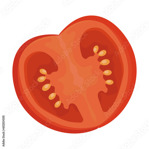 Halved fresh tomato. Tomato wedges and slices, halved and thinly sliced for salads and snacks. Flat cartoon vector isolated on white background