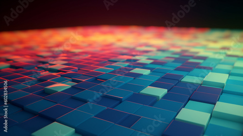 A vivid and vibrant pattern of neon-colored shapes illuminated by a futuristic, glowing light creates an abstract background full of motion. generative ai