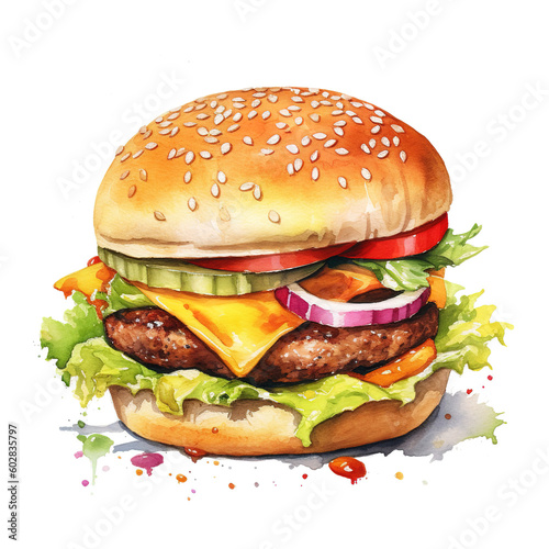 Watercolor  Hamburger on white background  Ai generated