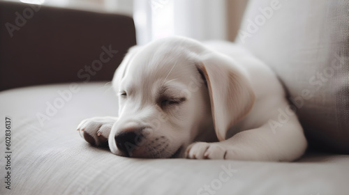 cute puppy sleeping on the bed created with Generative AI