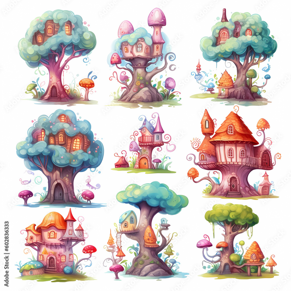 set of Colorful Fantasy Tree elements Collection AI Generated Illustration