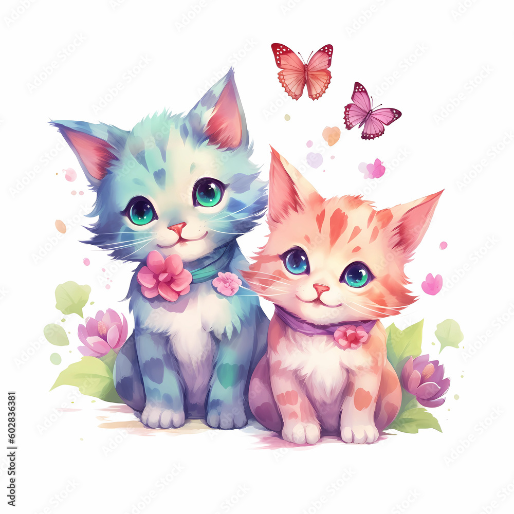 Watercolor kittens playing in the garden with butterfly AI Generated Illustration