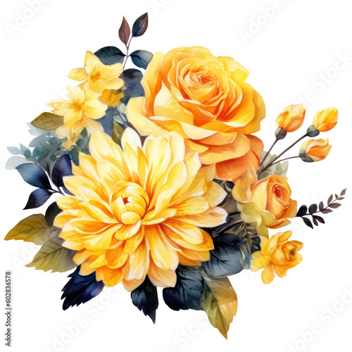 Illustration Bouquet of yellow flowers, watercolor yellow floral, rose, peony, dahlia, Isolated on transparent background. Generative AI