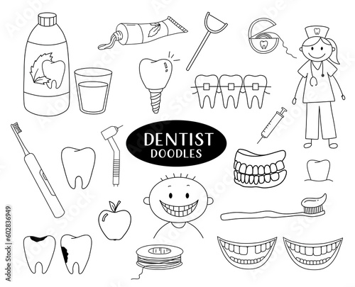 Set of dental doodle illustrations. Funny nurse sketches, toothbrush and toothpaste, tooth and dental floss.