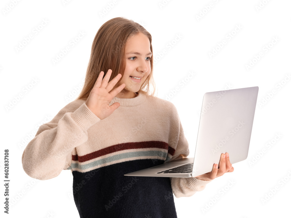 Little girl with laptop video chatting on white background Little girl with laptop video chatting on white background