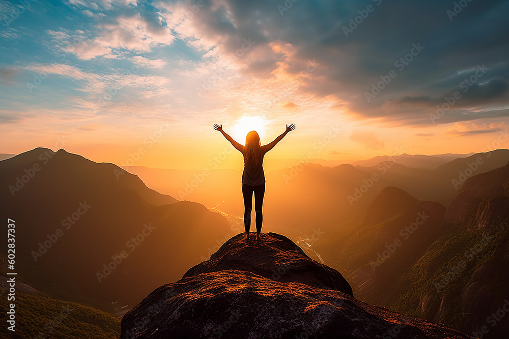 Successful women have attained peaks of personal growth and development. Woman on top of the mountain with arms open to a welcoming new day with sunrise success,Generative AI